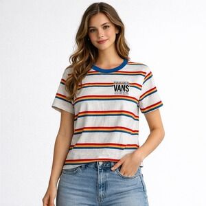 Vans Wazmin Stripe T-Shirt Womens Large White Red Blue Yellow Crop Top NWT